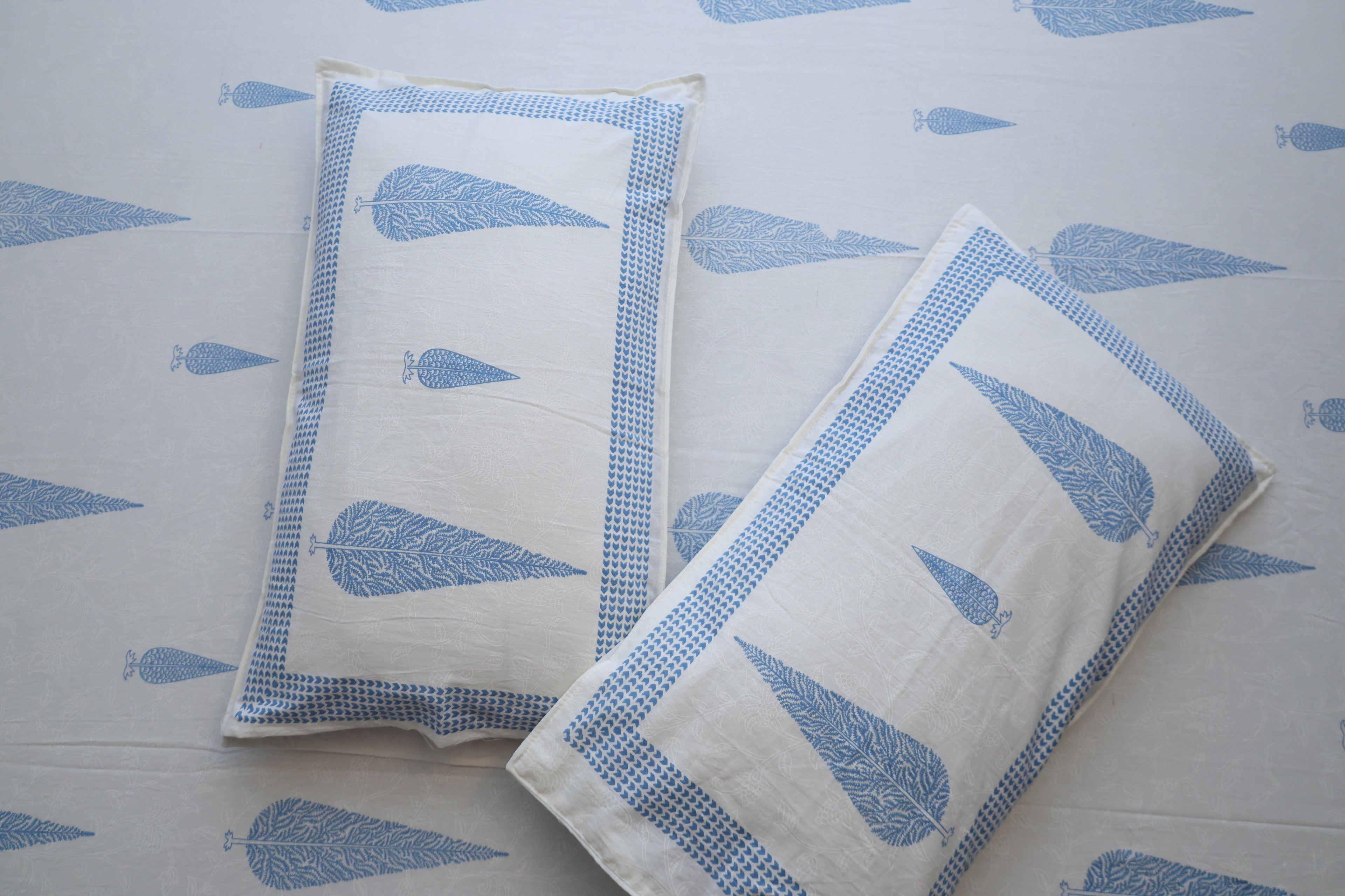 White & Sky Blue Cypress  Cotton Bed Sheet with Pillow Covers- Double Bed Sheet