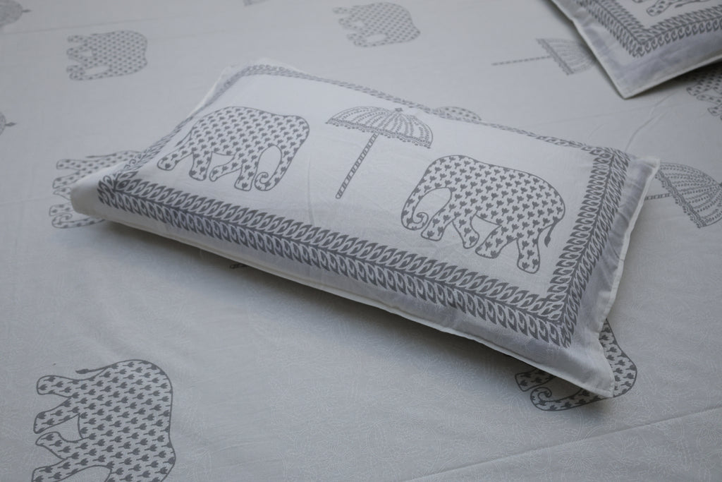 Grey Elephant & Umbrella Print Cotton Bedsheet with Pillow Covers – Double Bed Sheet