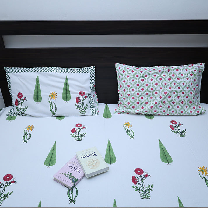 White & Green Cypress Floral Hand Block Cotton Bed Sheet with Pillow Covers – Queen/King Size