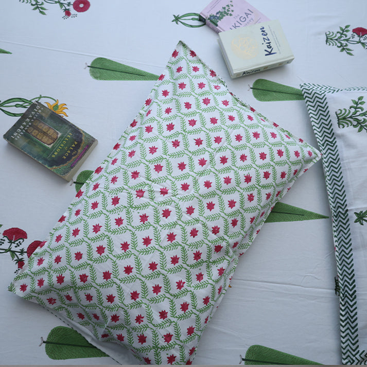 White & Green Cypress Floral Hand Block Cotton Bed Sheet with Pillow Covers – Queen/King Size