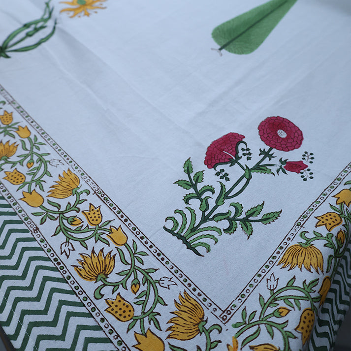 White & Green Cypress Floral Hand Block Cotton Bed Sheet with Pillow Covers – Queen/King Size