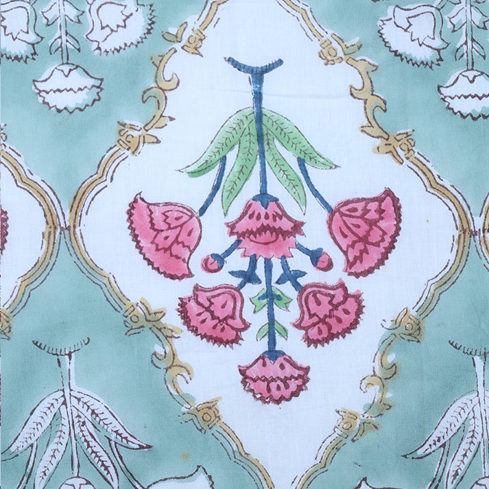 Pink Vine & Mint Green Floral Hand Block Cotton Mulmul Reversible Dohar Bed Sheet with King Size Bed Sheet +Pillow Cover Combo