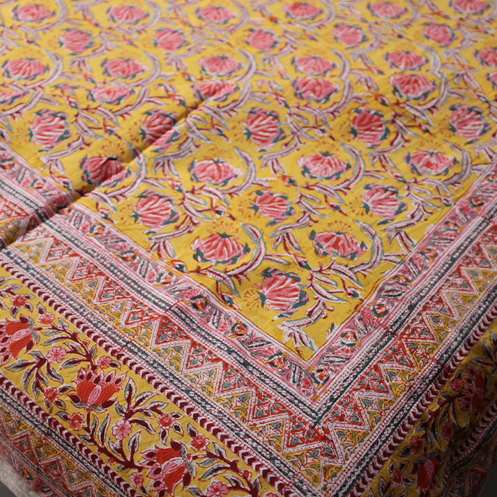 Mustard Yellow & Red Floral Hand Block Cotton Mulmul Reversible Dohar Double Bed with King Size Bed Sheet +Pillow Cover Combo