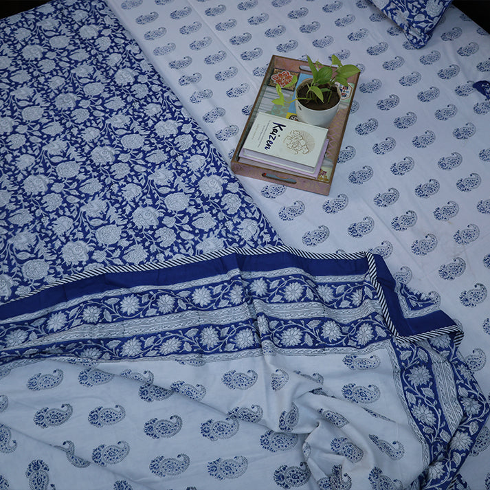 White & Indigo Paisley Floral Hand Block Cotton Mulmul Reversible Dohar Double Bed with King Size Bed Sheet Pillow Cover Combo