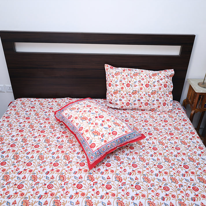 Jaipur Heritage Floral Block Print Double Bed Sheet with Pillow Covers – Red & White