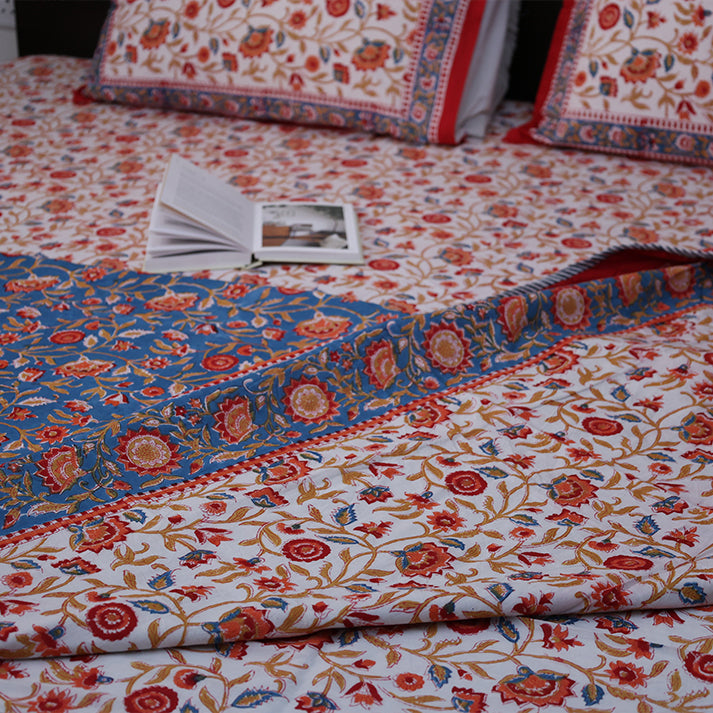 Red & Blue Floral Vine Hand Block Cotton Mulmul Reversible Dohar Double Bed with King Size Bed Sheet +Pillow Cover Combo