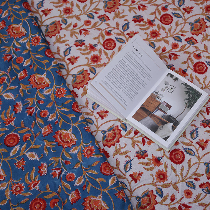 Red & Blue Floral Vine Hand Block Cotton Mulmul Reversible Dohar Double Bed with King Size Bed Sheet +Pillow Cover Combo