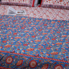 Red & Blue Floral Vine Hand Block Cotton Mulmul Reversible Dohar Double Bed with King Size Bed Sheet +Pillow Cover Combo