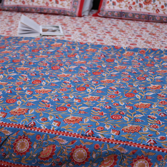 Red & Blue Floral Vine Hand Block Cotton Mulmul Reversible Dohar Double Bed with King Size Bed Sheet +Pillow Cover Combo