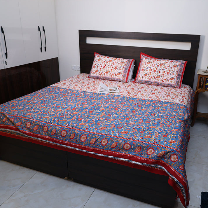 Red & Blue Floral Vine Hand Block Cotton Mulmul Reversible Dohar Double Bed with King Size Bed Sheet +Pillow Cover Combo