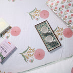 White & Pink Floral Buta Hand Block Cotton Bed Sheet with Pillow Covers – Queen/King Size