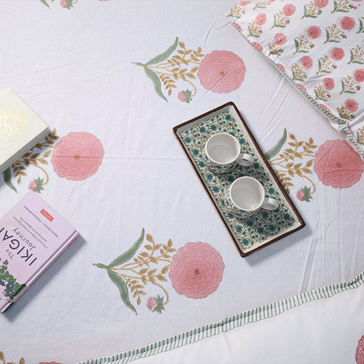 White & Pink Floral Buta Hand Block Cotton Bed Sheet with Pillow Covers – Queen/King Size