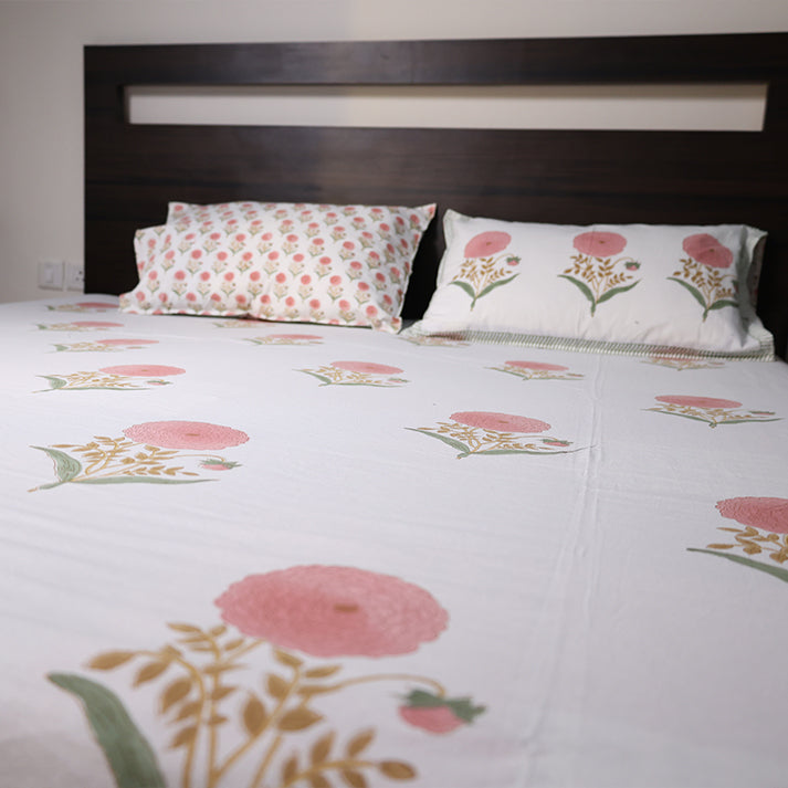 White & Pink Floral Buta Hand Block Cotton Bed Sheet with Pillow Covers – Queen/King Size