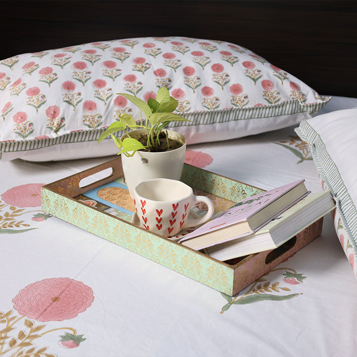 White & Pink Floral Buta Hand Block Cotton Bed Sheet with Pillow Covers – Queen/King Size