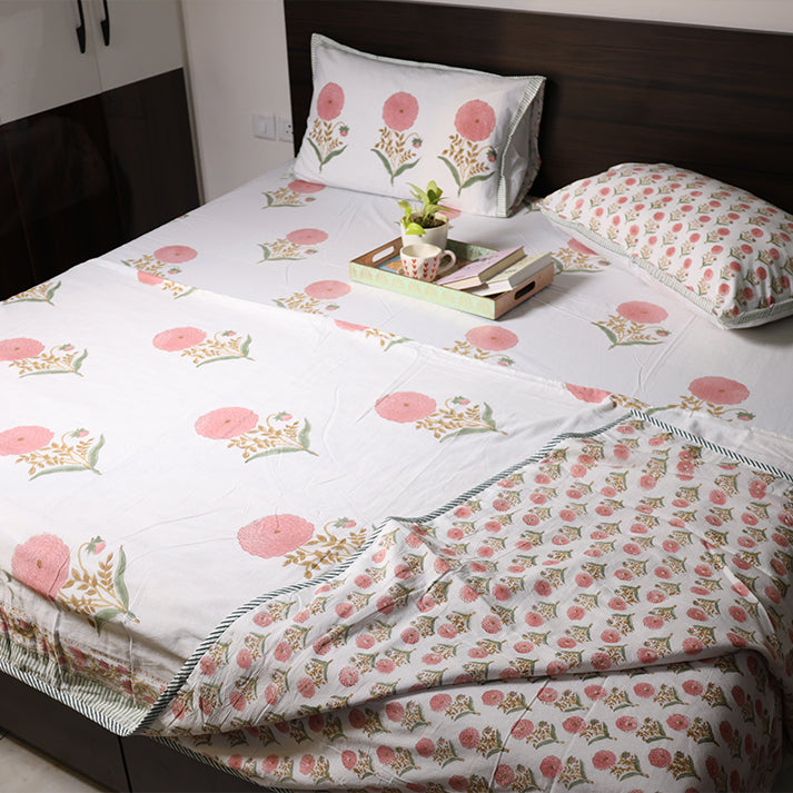 White & Pink Floral Buta Hand Block Cotton Mulmul Reversible Dohar with King Size Bed Sheet +Pillow Cover Combo