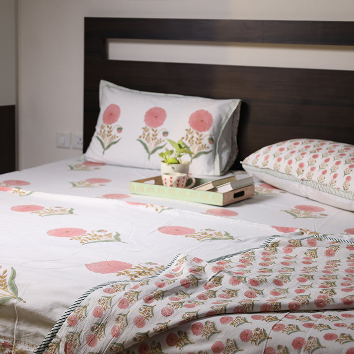 White & Pink Floral Buta Hand Block Cotton Mulmul Reversible Dohar with King Size Bed Sheet +Pillow Cover Combo