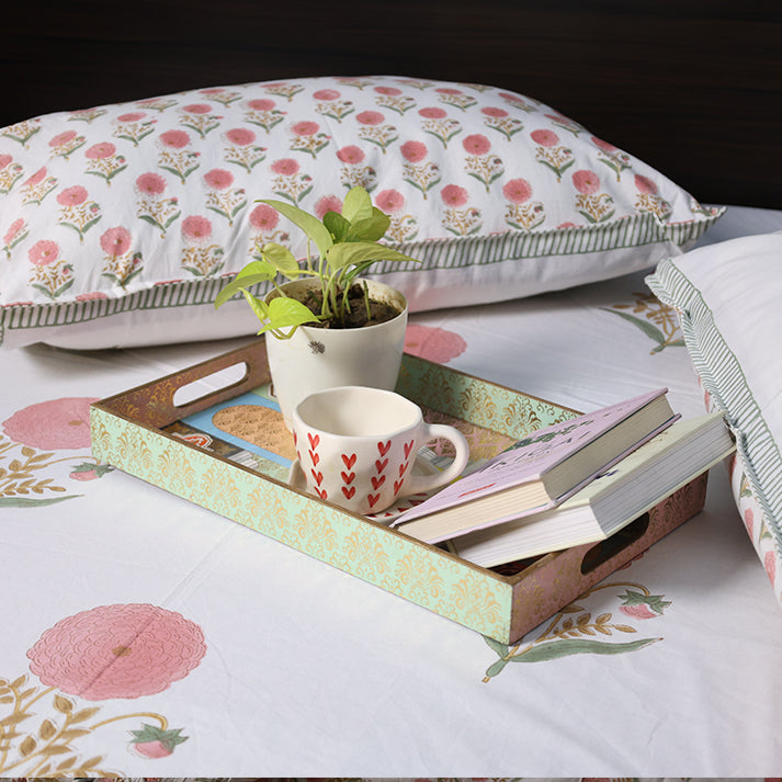 White & Pink Floral Buta Hand Block Cotton Mulmul Reversible Dohar with King Size Bed Sheet +Pillow Cover Combo