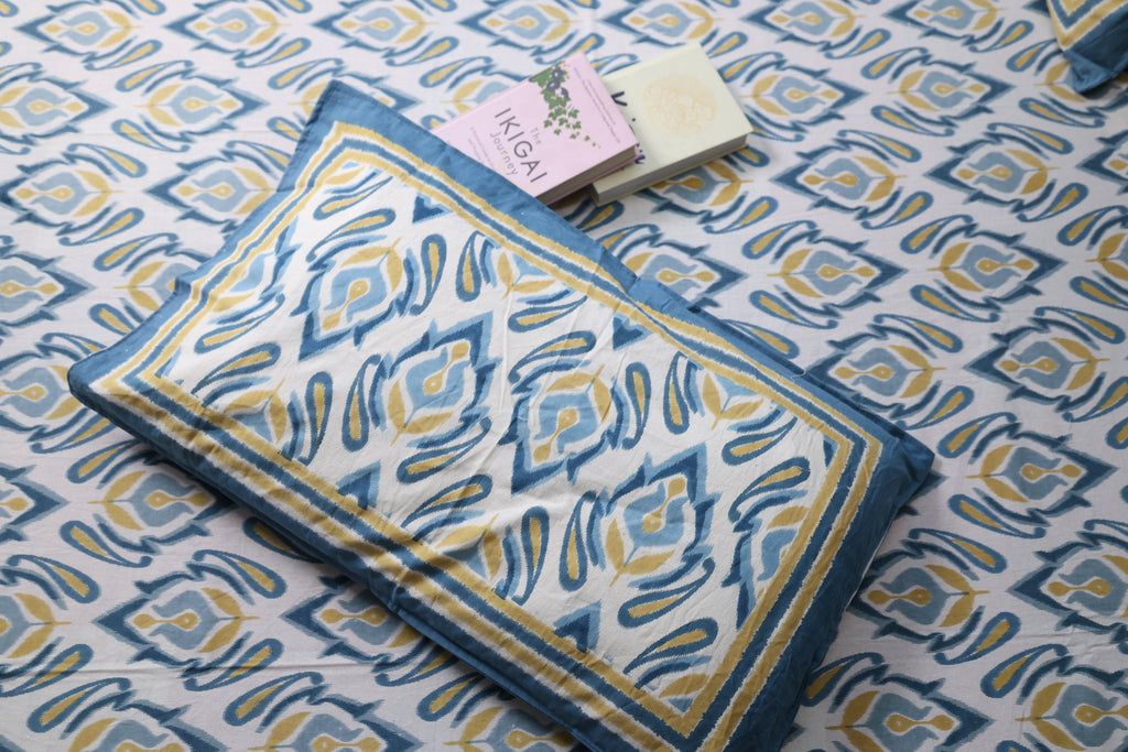 White & Blue-Mustard Ikat Cotton Bed Sheet with Pillow Covers –Double Bed Sheet