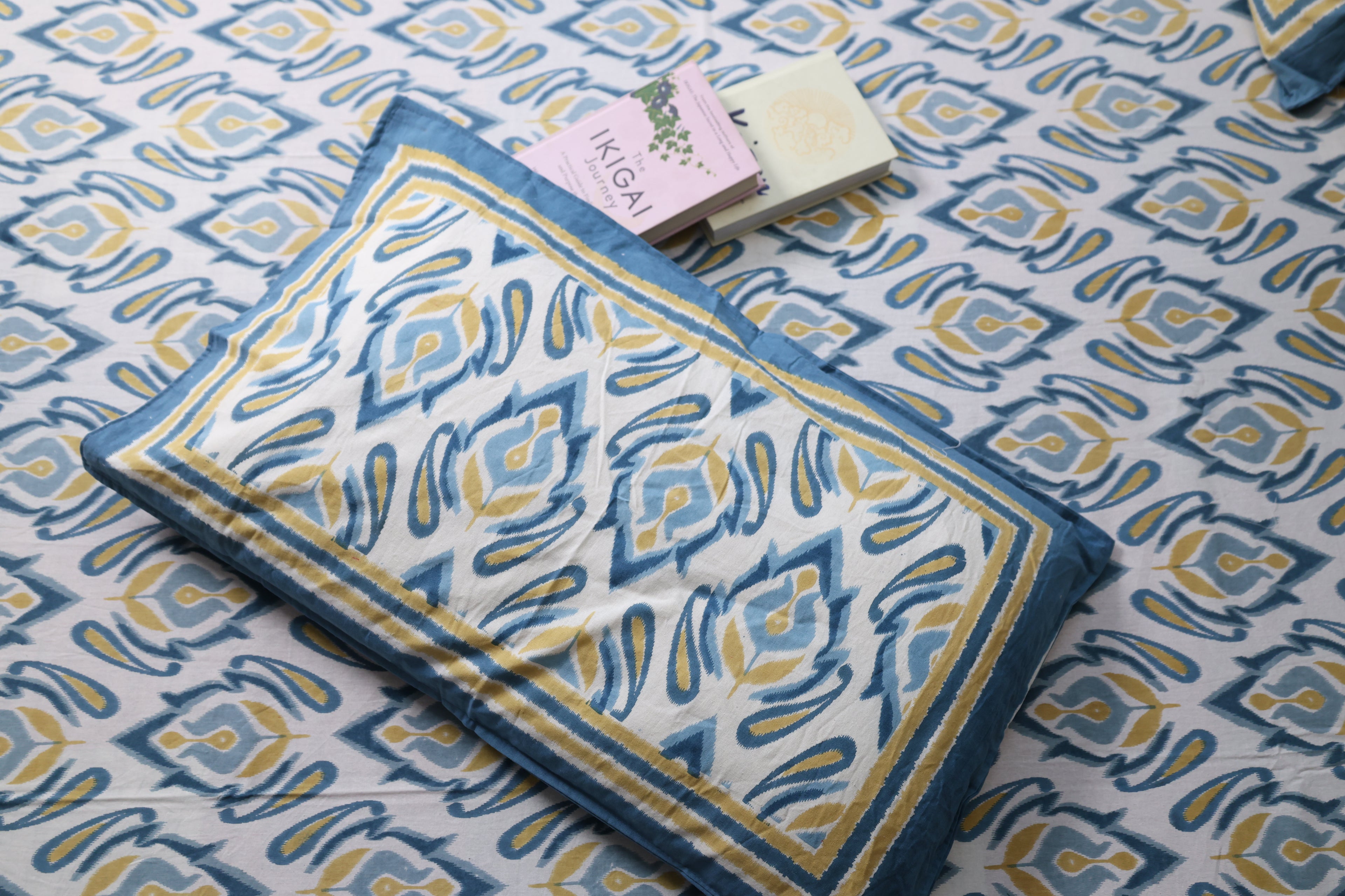 White & Blue-Mustard Ikat Cotton Bed Sheet with Pillow Covers –Double Bed Sheet