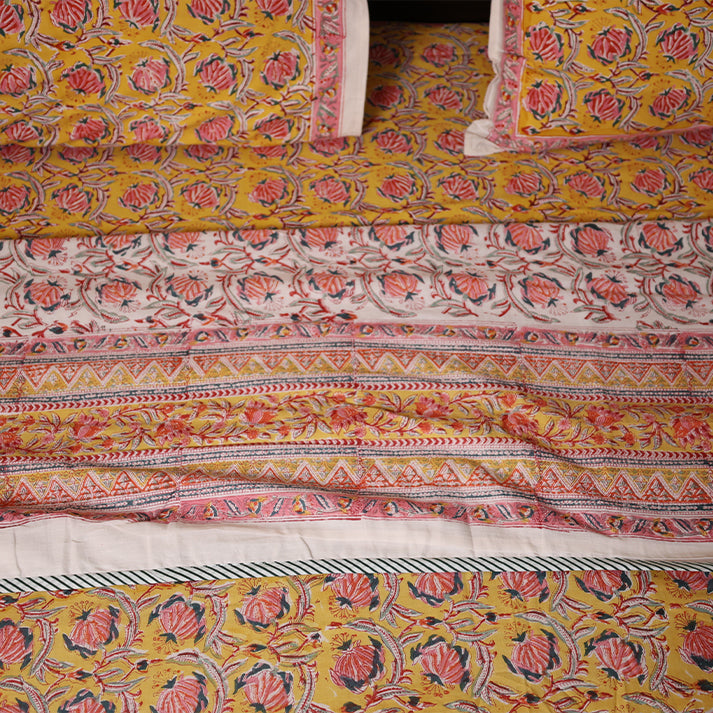 Mustard Yellow & Red Floral Hand Block Cotton Mulmul Reversible Dohar Double Bed with King Size Bed Sheet +Pillow Cover Combo