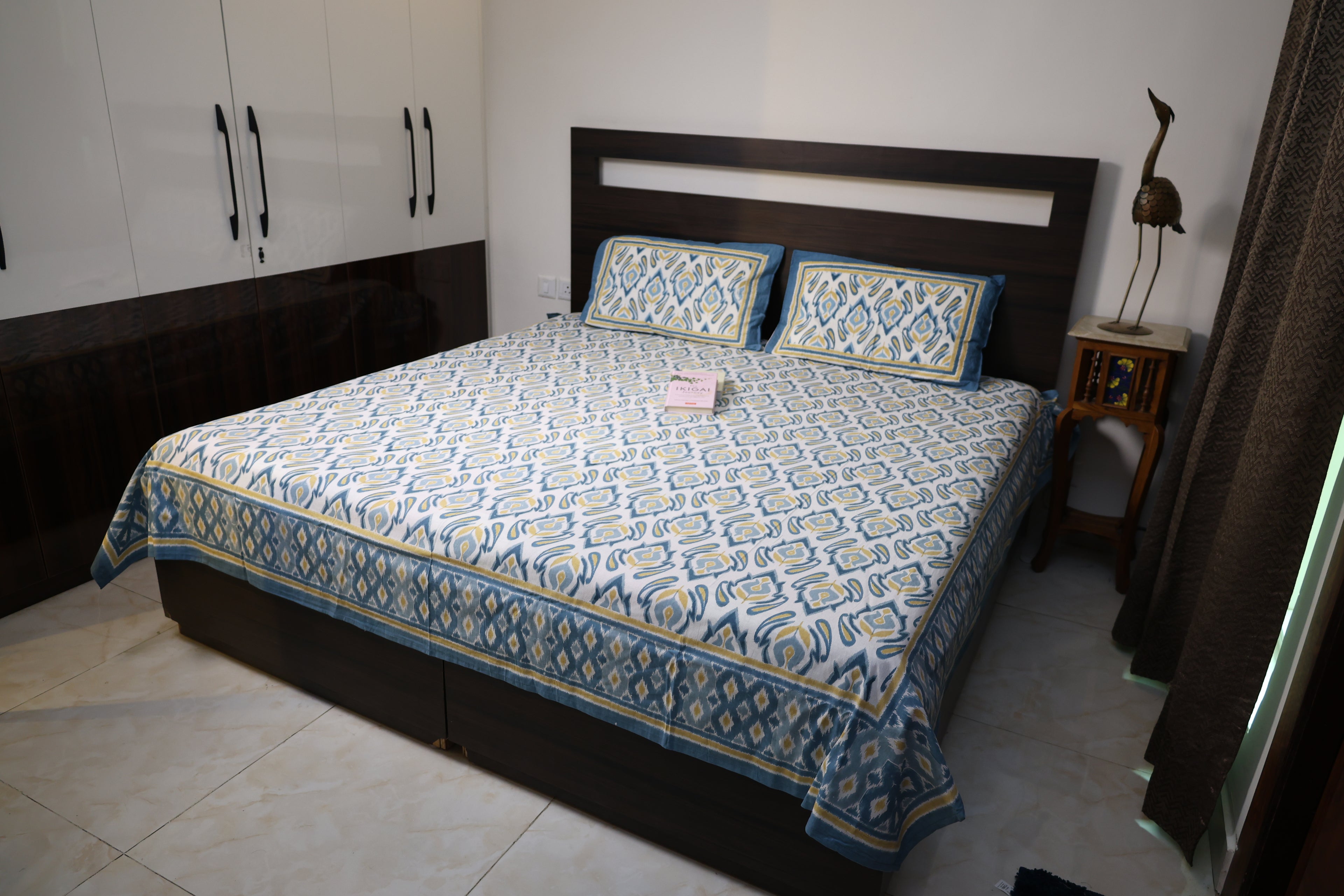 White & Blue-Mustard Ikat Cotton Bed Sheet with Pillow Covers –Double Bed Sheet