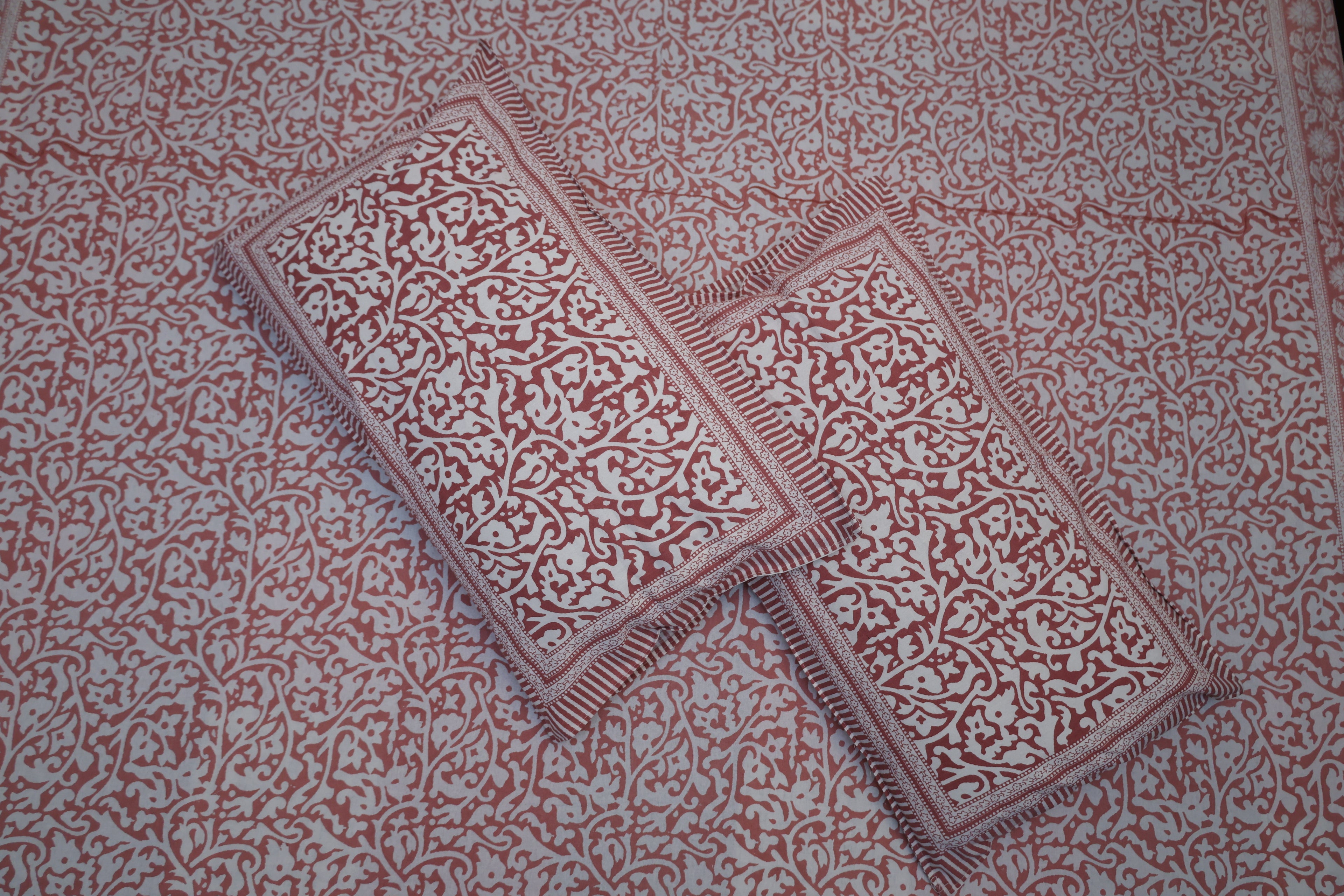 Soft Pink Floral Print Cotton Bedsheet with Pillow Covers – Double Bed Sheet