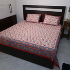 Jaipur Heritage Floral Block Print Double Bed Sheet with Pillow Covers – Red & White