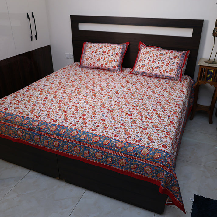 Jaipur Heritage Floral Block Print Double Bed Sheet with Pillow Covers – Red & White