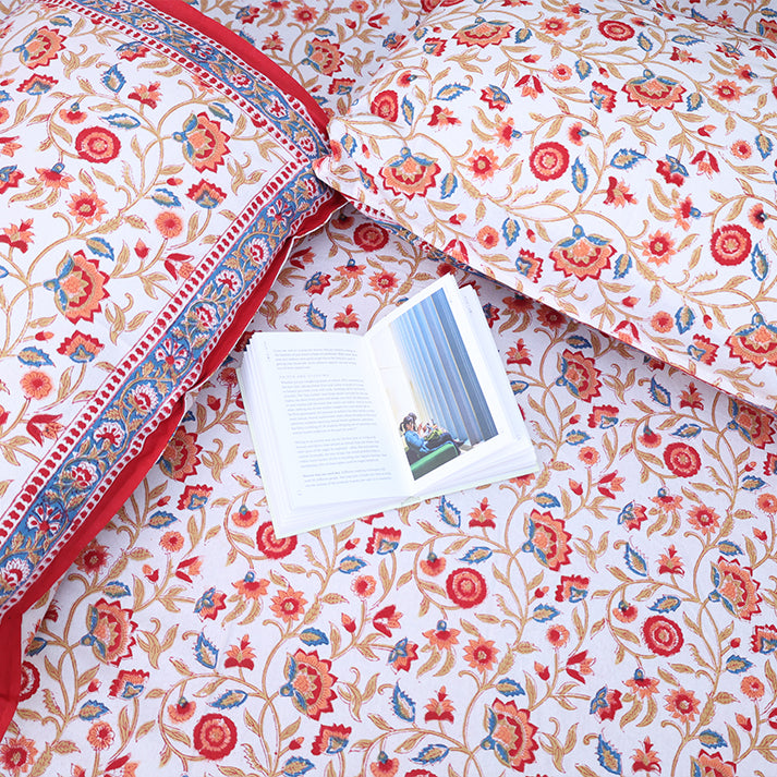 Jaipur Heritage Floral Block Print Double Bed Sheet with Pillow Covers – Red & White
