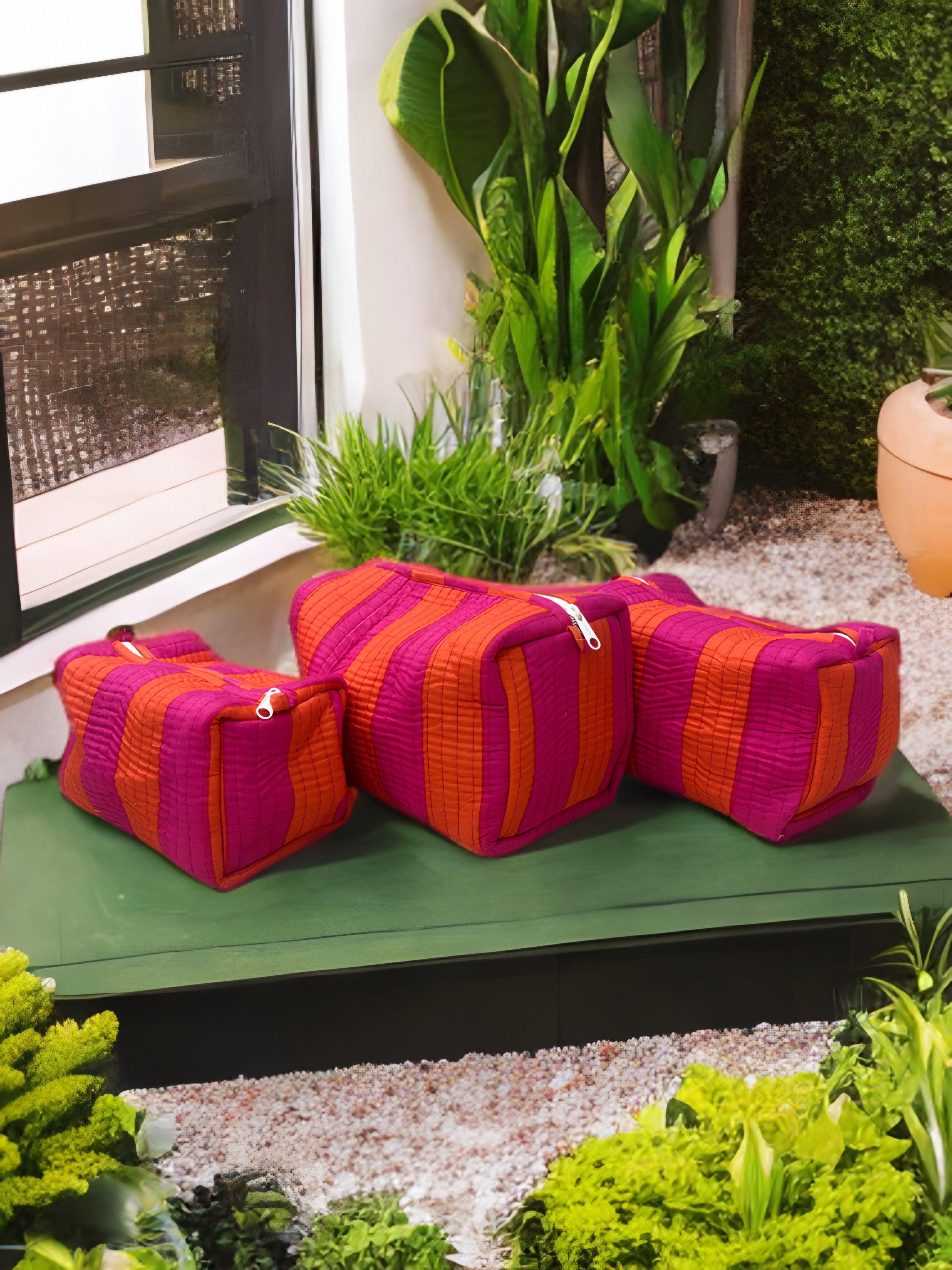 Pink & Orange Striped Quilted Travel Bag Set