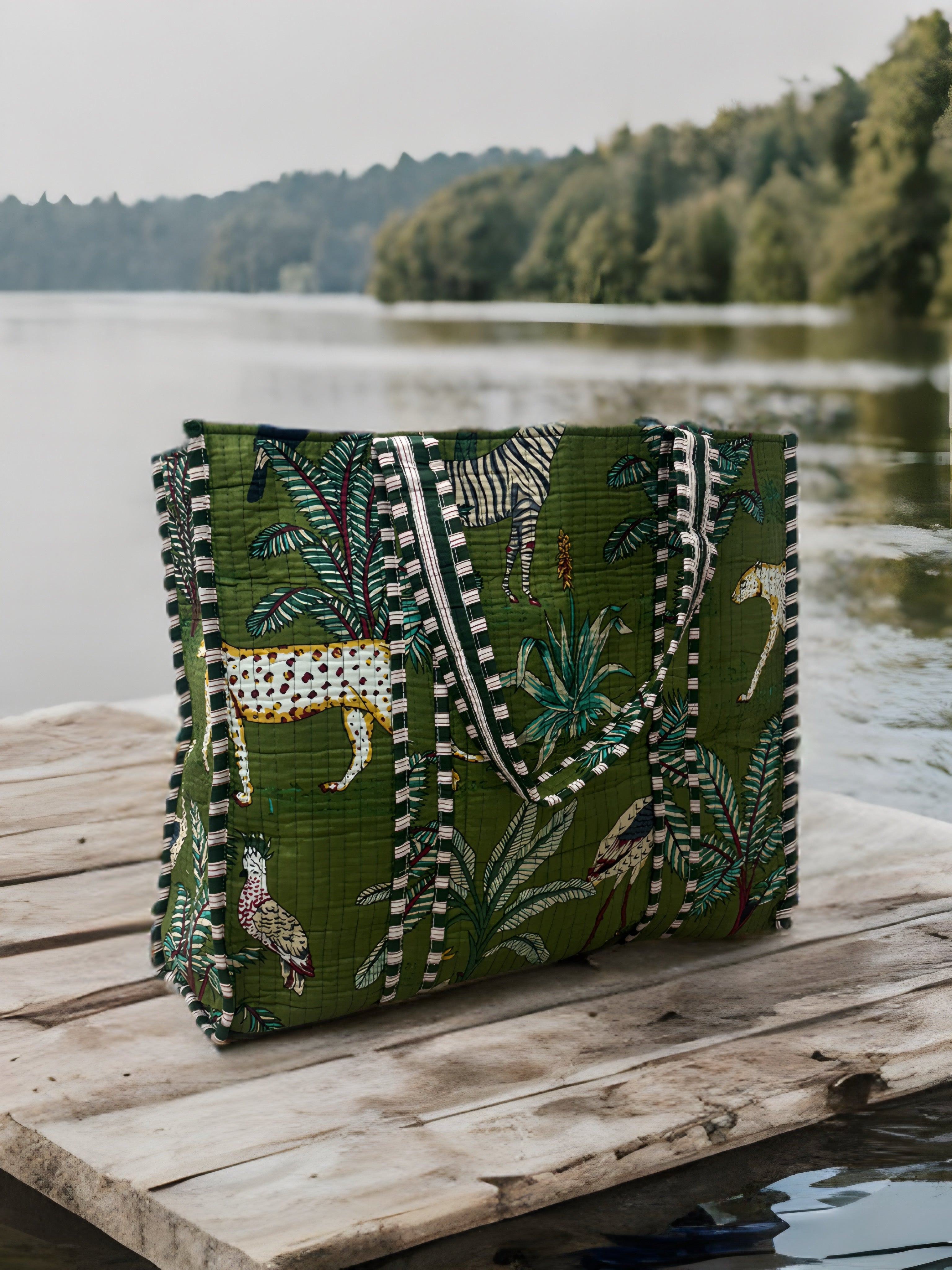 Green Jungle Print Quilted Tote Bag