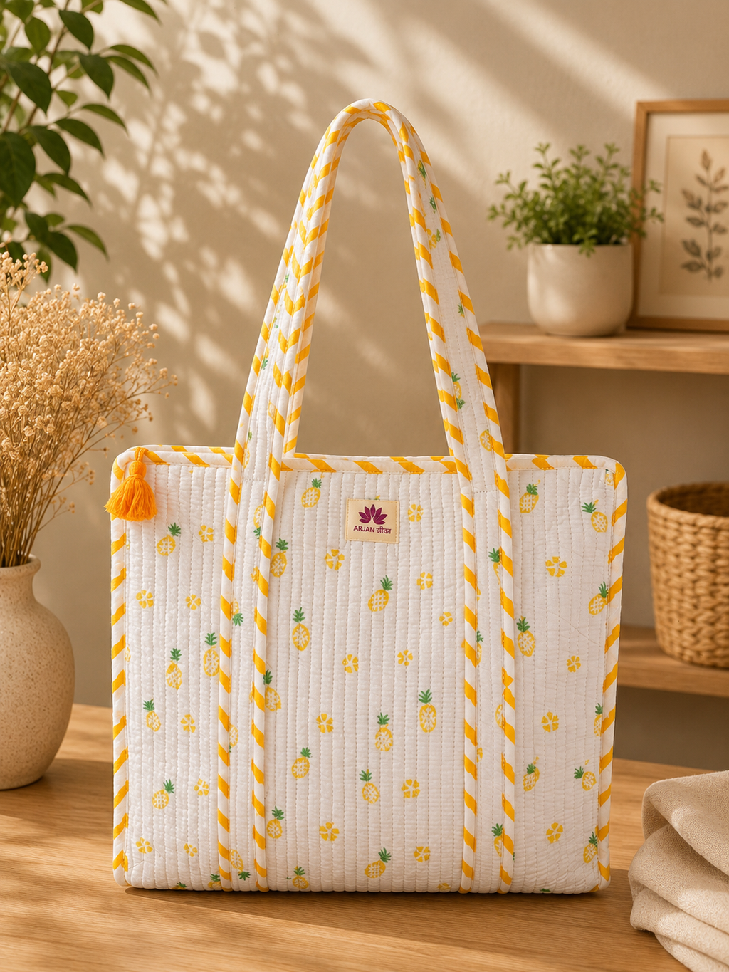 Handcrafted Quilted Cotton Tote Bag with Pineapple Print