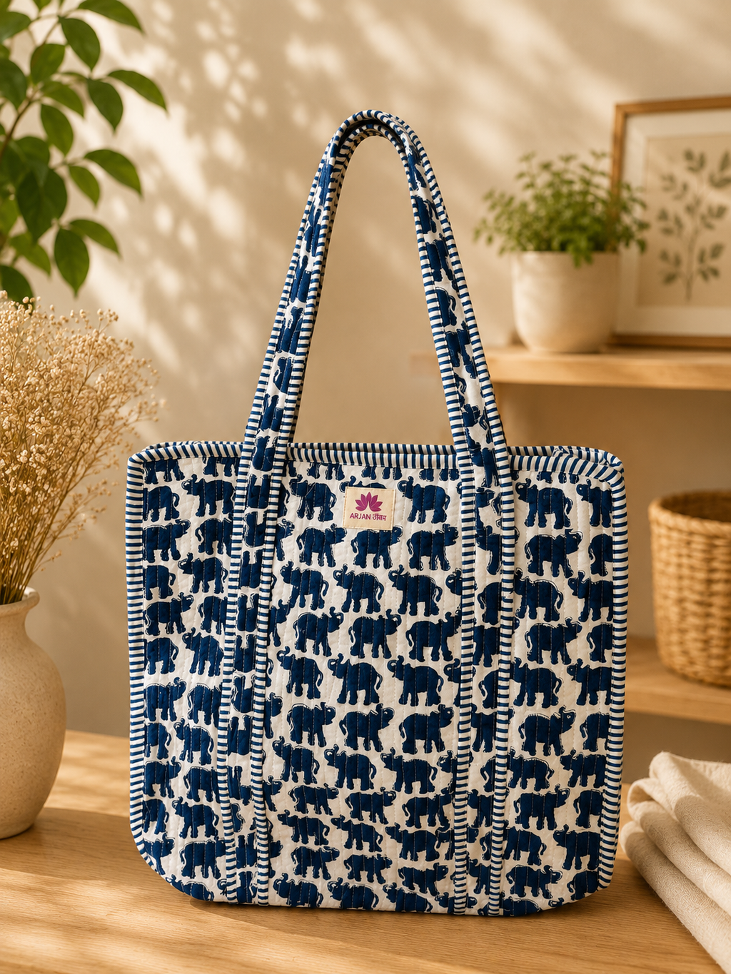 Blue Elephant Quilted Cotton Tote Bag for Women