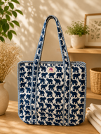 Blue Elephant Quilted Cotton Tote Bag for Women