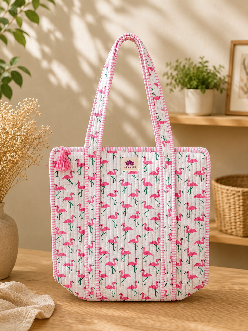 Pink Flamingo Quilted Cotton Tote Bag