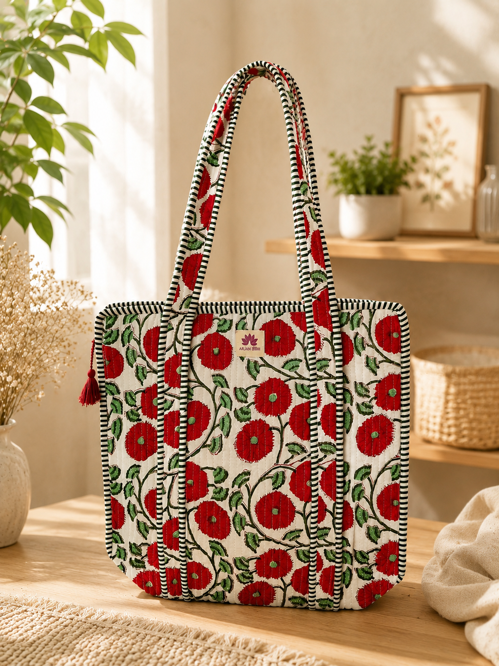 Red Blossom Handcrafted Quilted Tote Bag