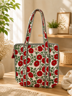 Red Blossom Handcrafted Quilted Tote Bag