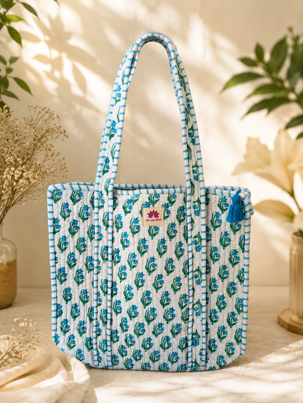 Premium Hand Block Printed Cotton Quilted Tote Bag with Tassel
