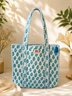 Premium Hand Block Printed Cotton Quilted Tote Bag with Tassel