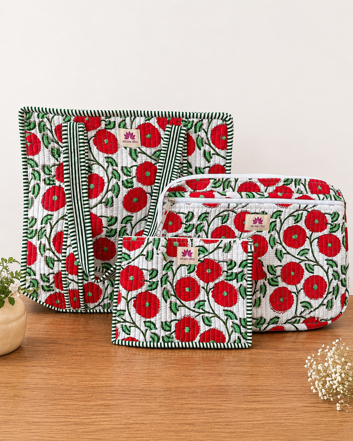 Red Blossom Handcrafted Quilted  Travel & Work Essentials Set