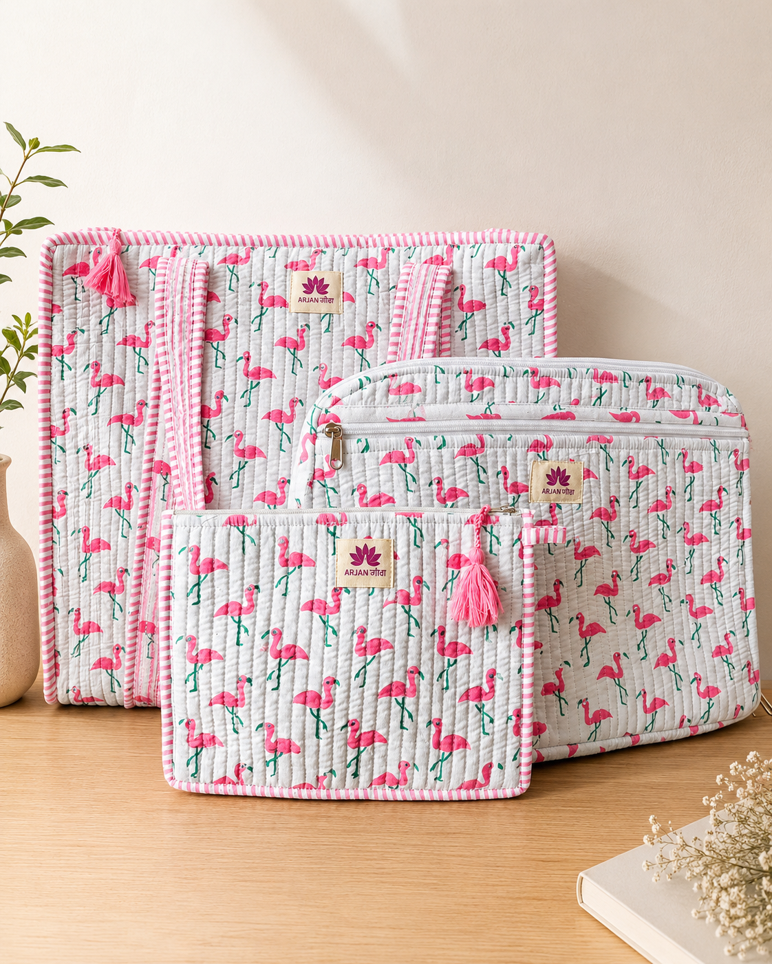 Pink Flamingo Quilted Travel & Work Essentials Set