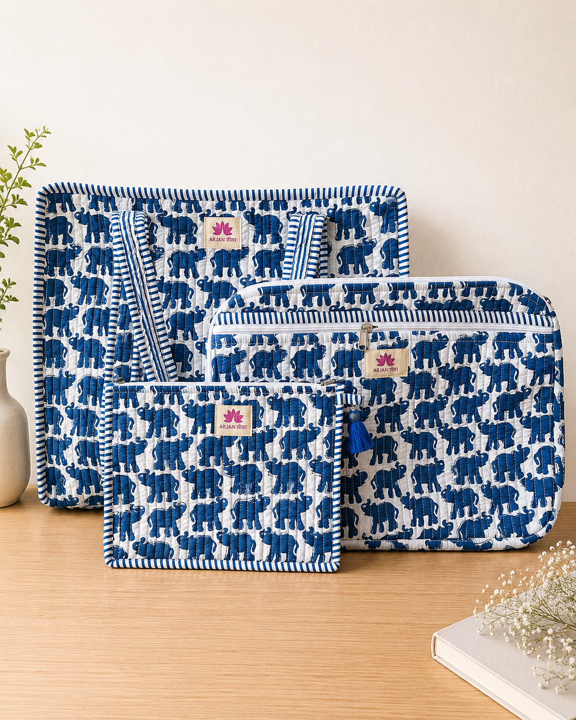 Blue Elephant Quilted Cotton Travel & Work Essentials Set