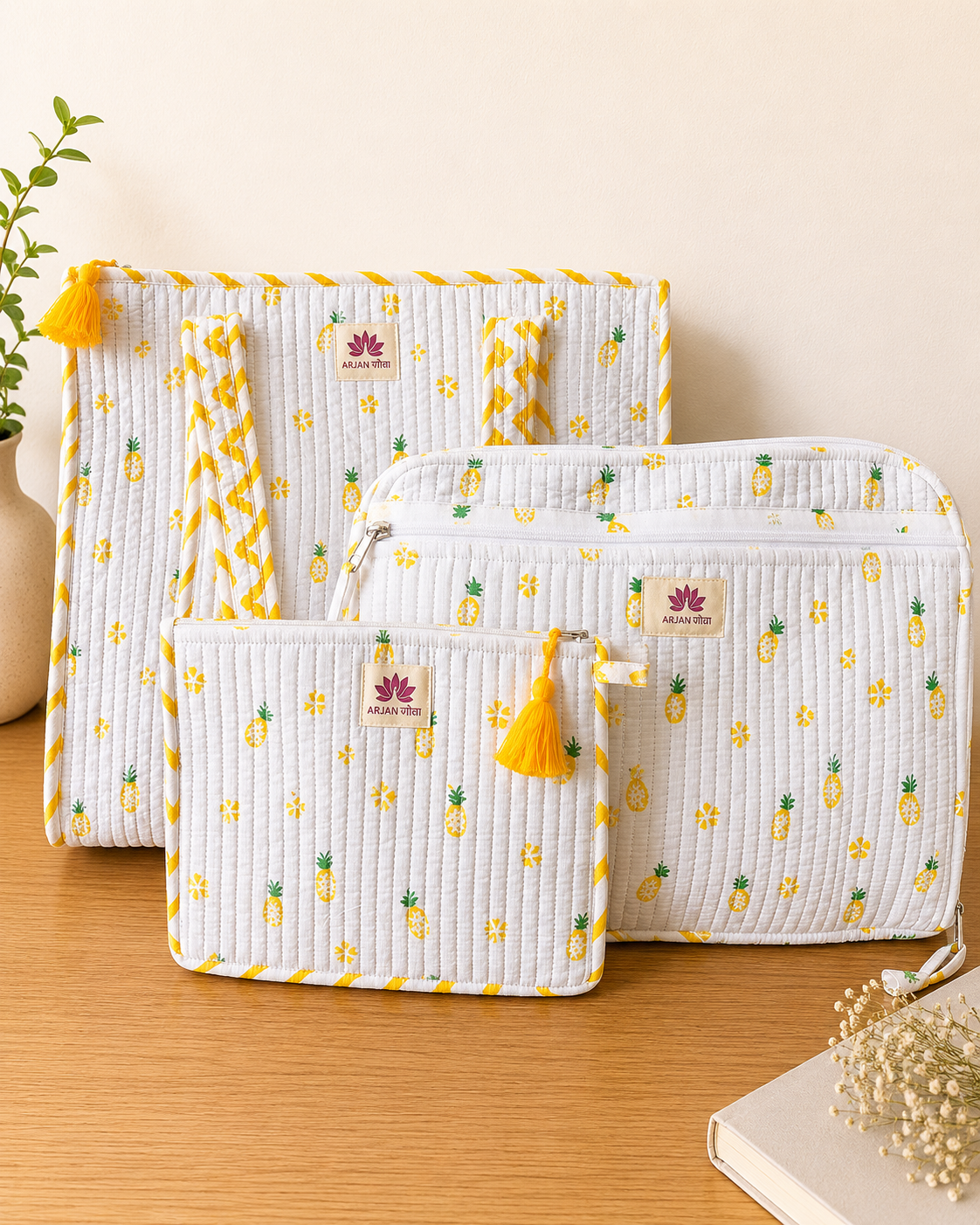 Handcrafted Quilted Cotton Travel & Work Essentials Set with Pineapple Print