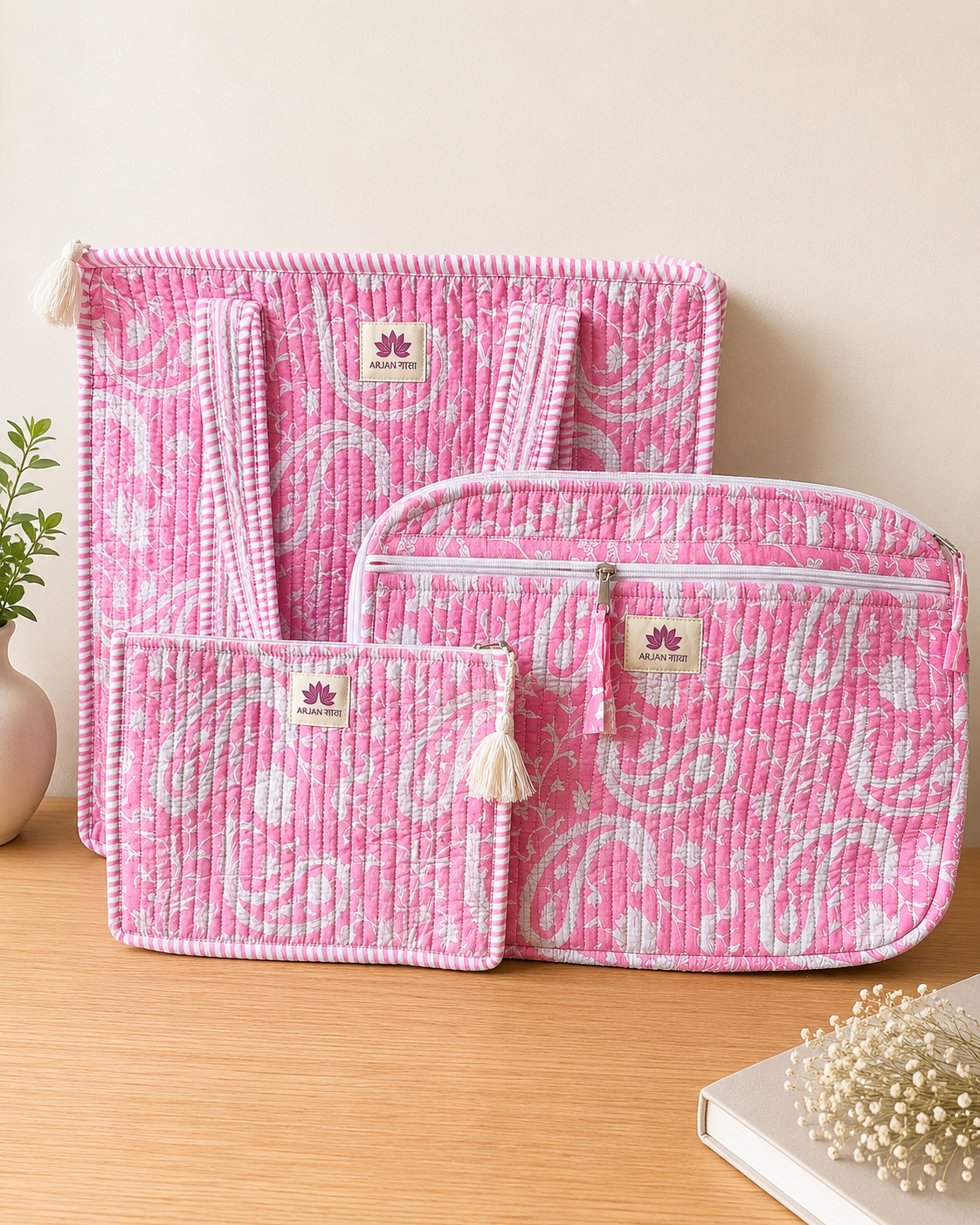 Premium Handcrafted Pink Quilted Travel & Work Essentials Set