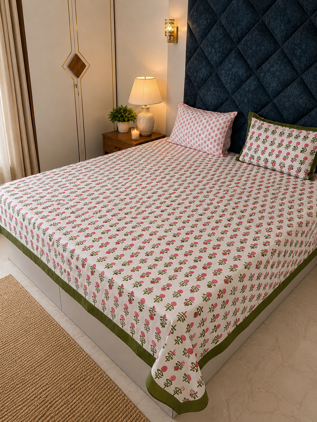 Fulwaari Handblock print cotton bedsheet with pillow covers - Queen/king size