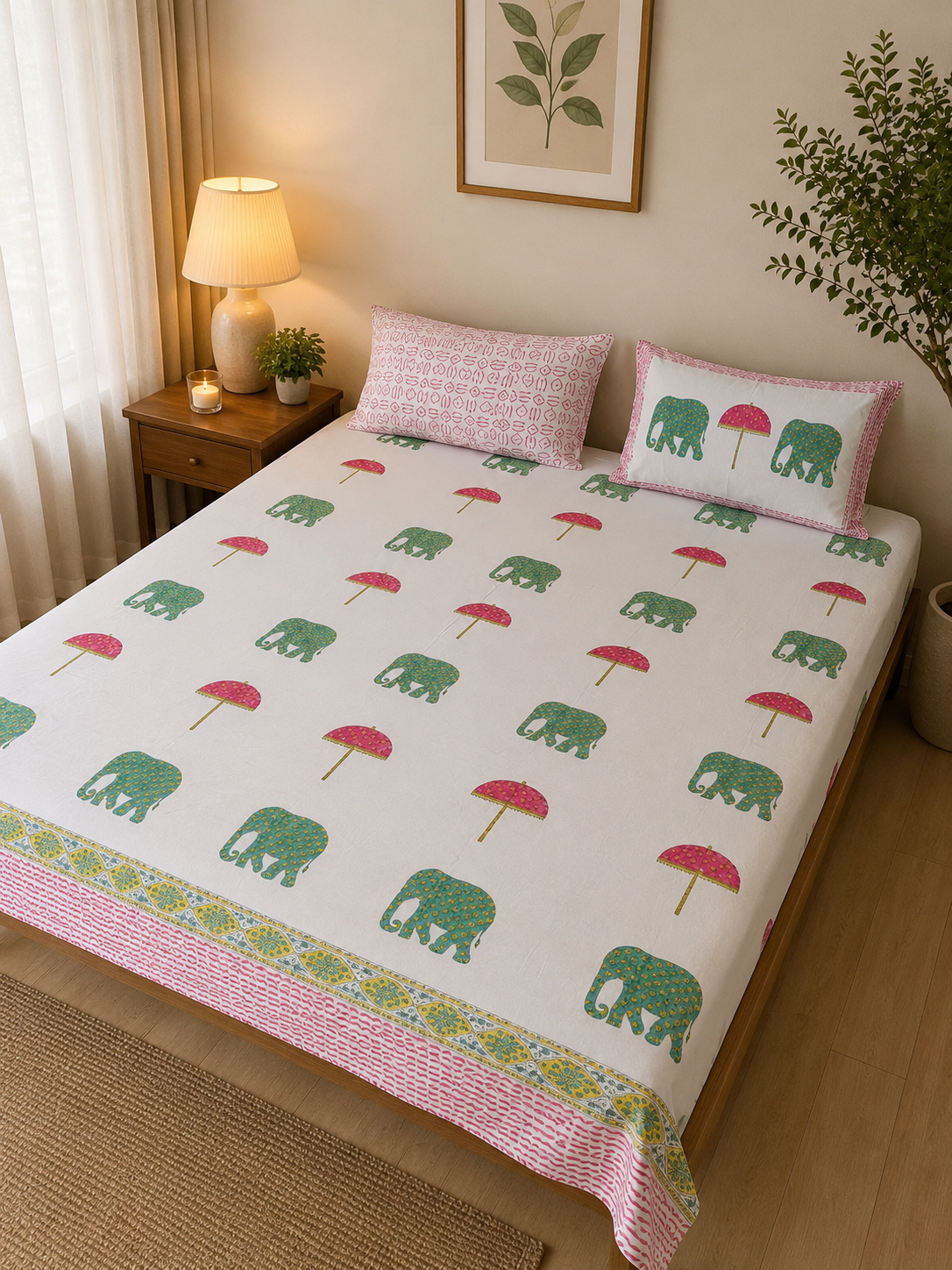 Gaj Gaamini Handblock print cotton bedsheet with pillow covers - Queen/king size
