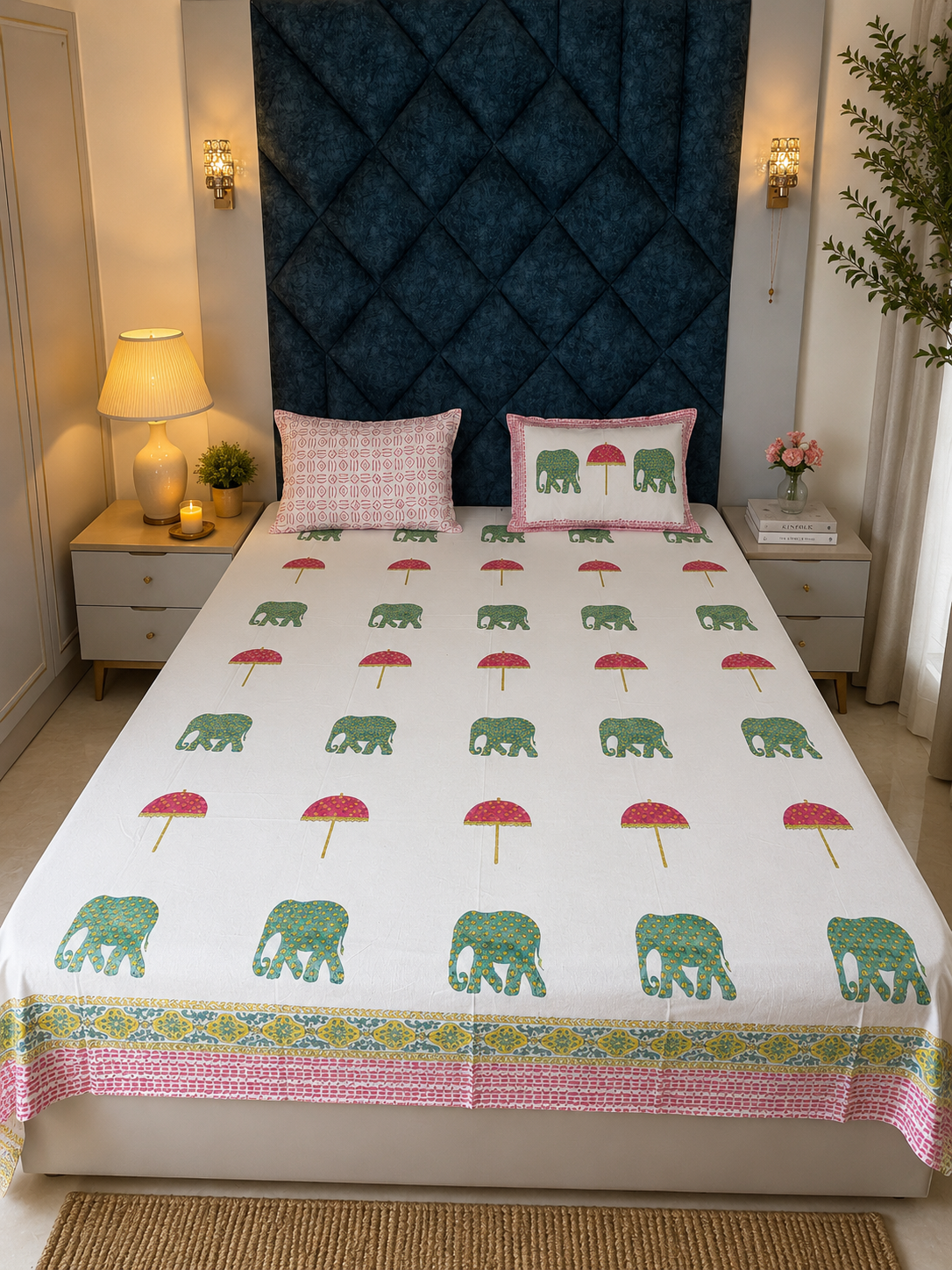 Gaj Gaamini Handblock print cotton bedsheet with pillow covers - Queen/king size
