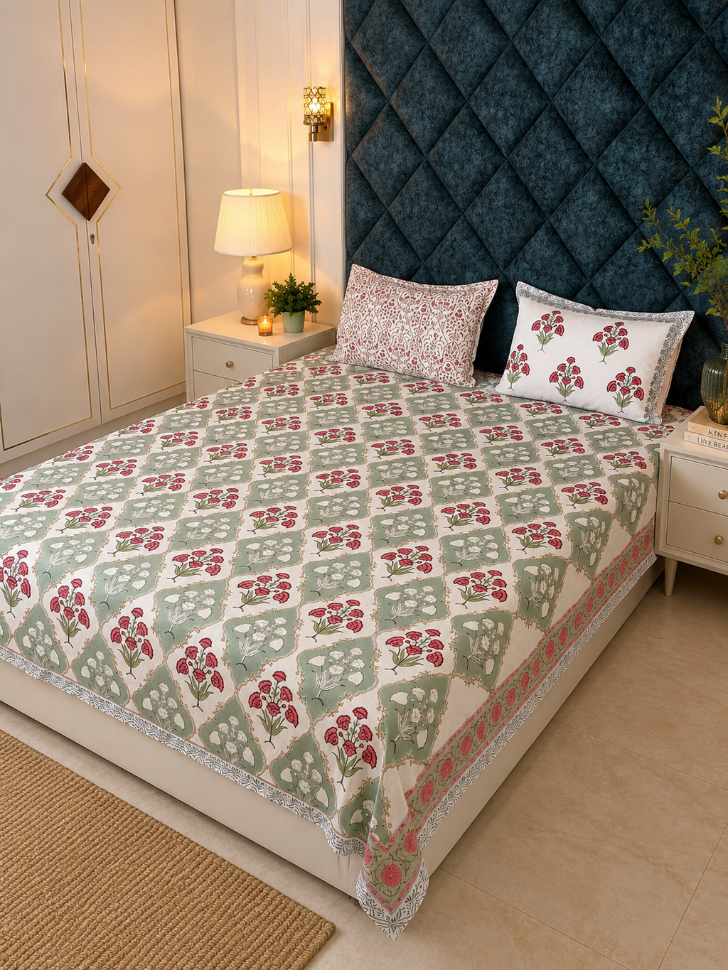 Madhu Maalti Handblock print cotton bedsheet with pillow covers - Queen/king size