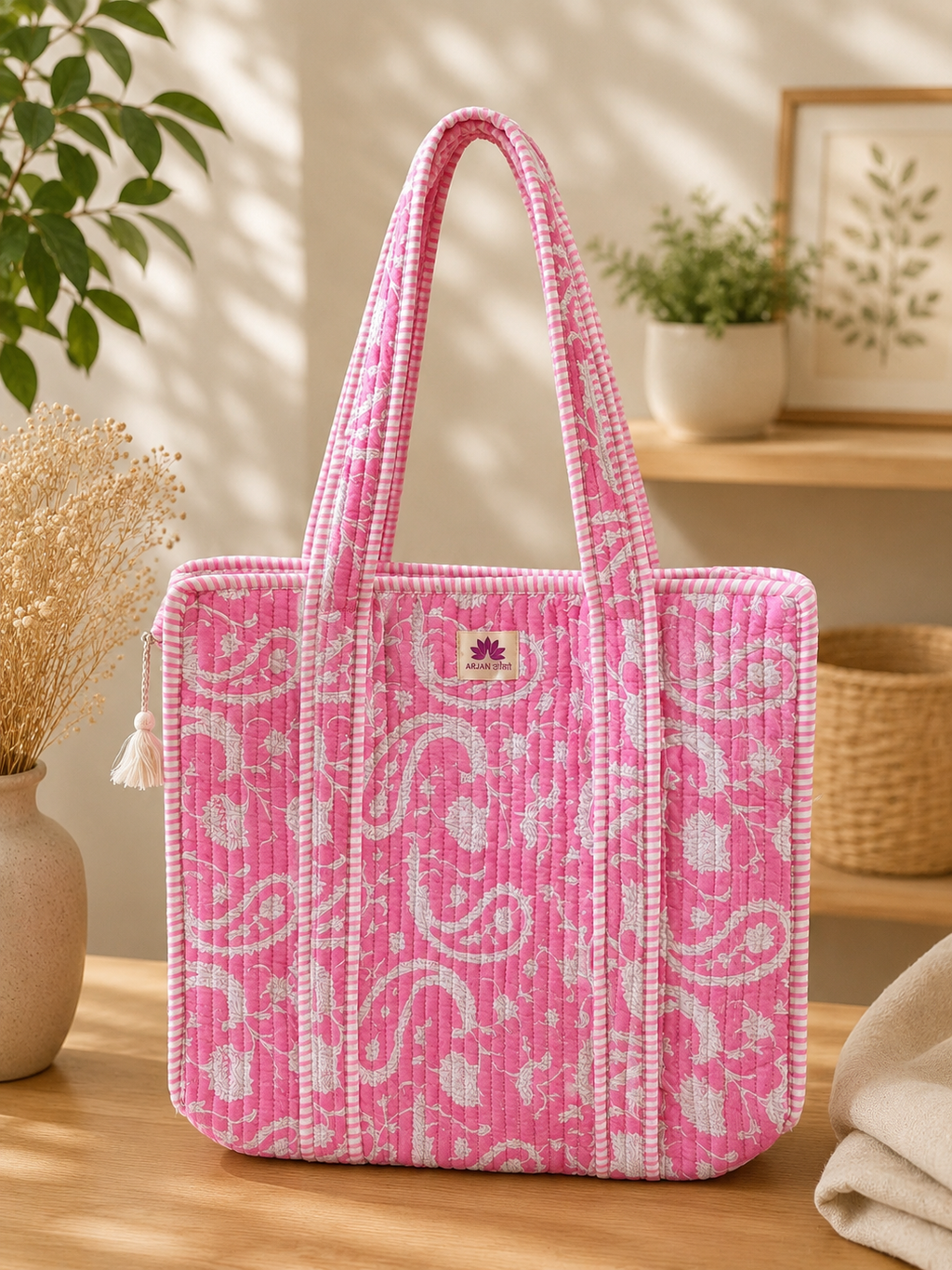 Premium Handcrafted Pink Quilted Cotton Tote Bag