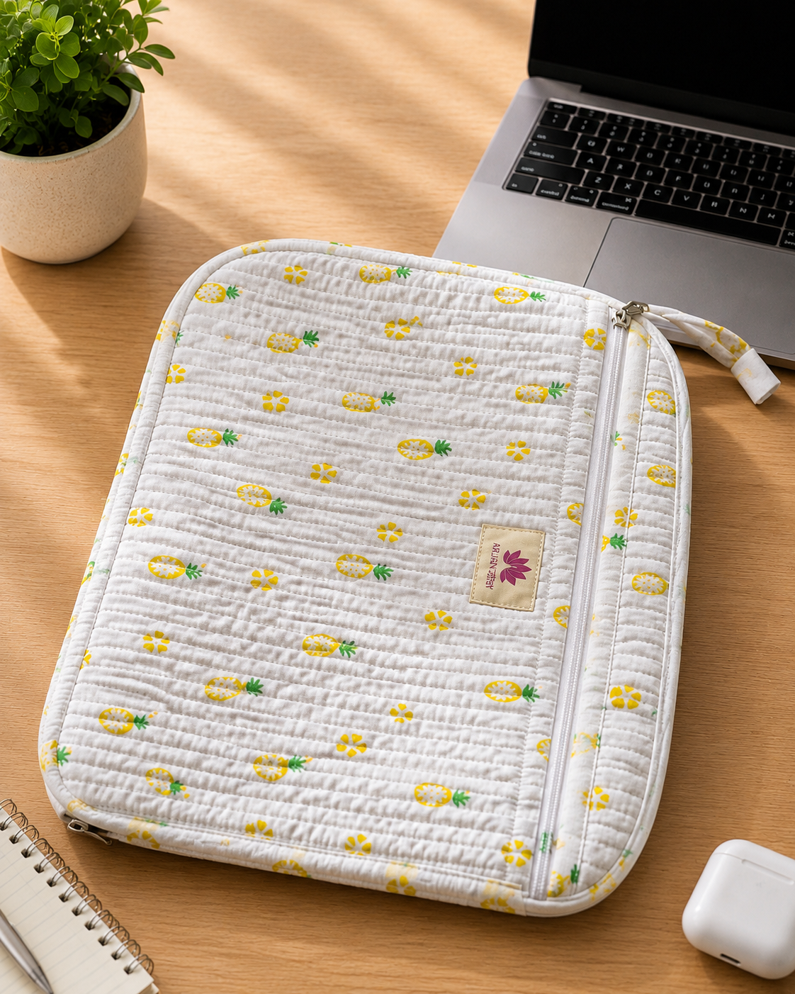 Handcrafted Quilted Cotton Laptop Sleeve with Pineapple Print